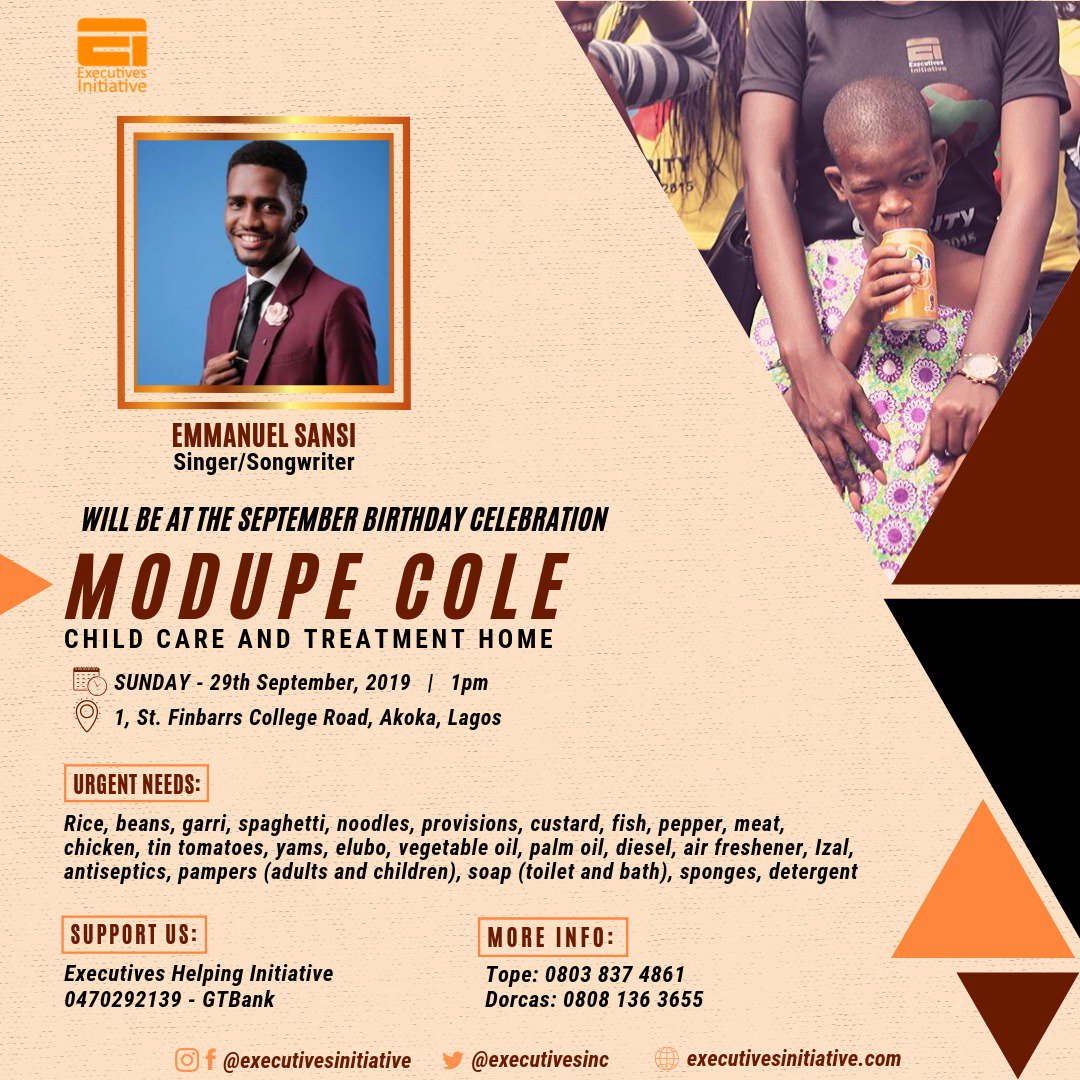 Executivesinc's tweet photo. @omo_baba_oluwa we can't wait to listen to youπ¦π¦π¦
We hope that the heart of the children are filled with Love and hope as they listen to you.
#Birthdaycelebration
#giveback
#makesomeonesmile
#EISC29TH https://t.co/HBIj3mM7P5