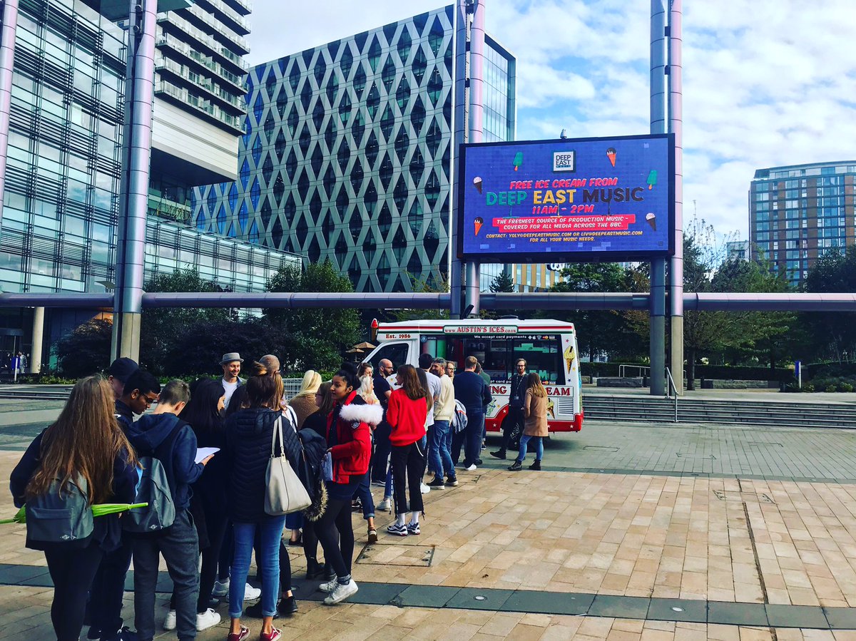 DeepEastMusic's tweet photo. WE ARE OFF! Manchester, get ‘em while they last! Another year, another 1000 cones to go🍦. Come and say hello to the DEMmers 👋! The sun has come out too 🙌 @austinsices @MediaCityUK https://t.co/GFJSK23Bjs