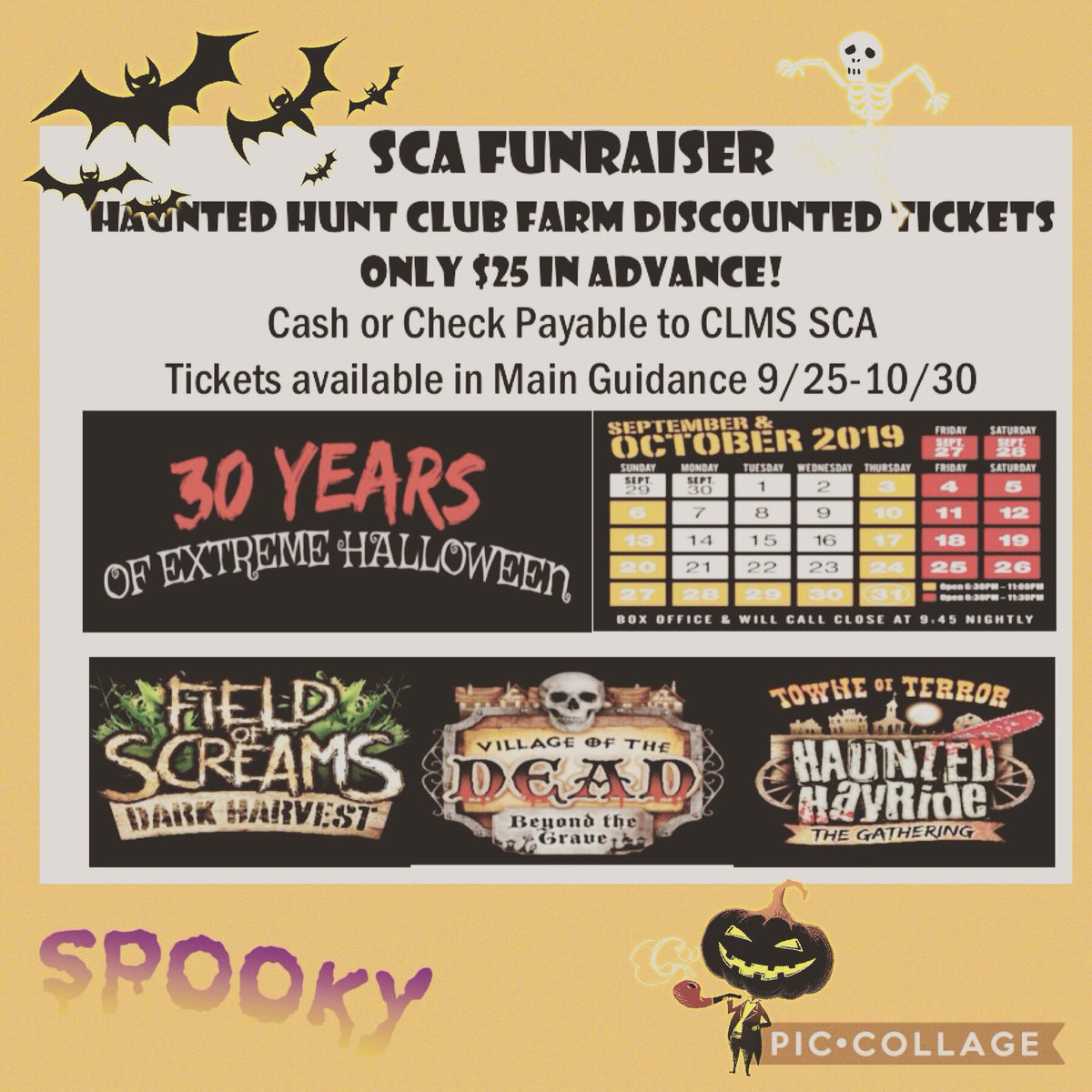 CLMS_JETS_SCA's tweet photo. Looking for some Halloween Fun? CLMS SCA is selling tickets for Hunt Club! $25 and can be bought in the Guidance Office and Open House tonight! https://t.co/yQIsbIEAMT