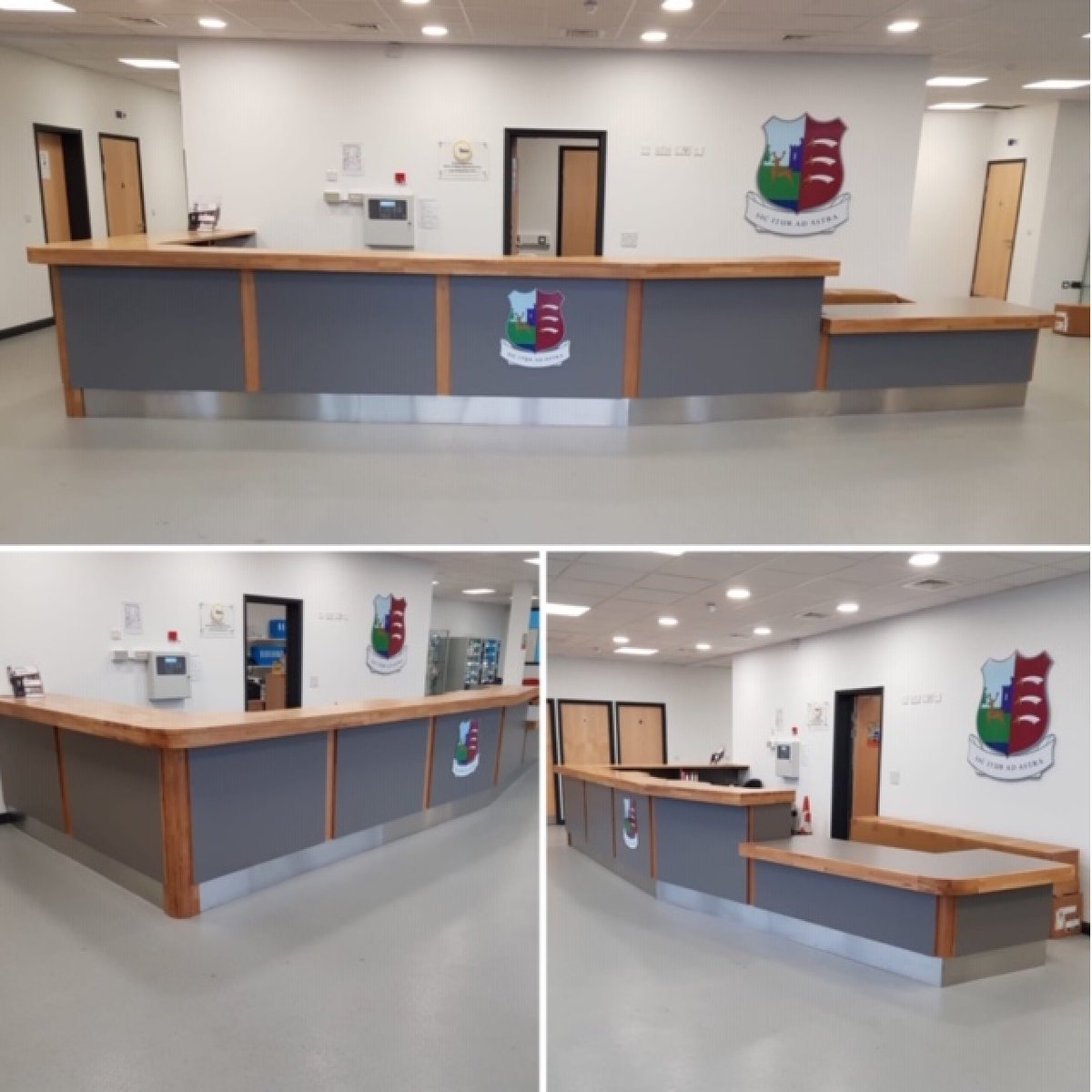 SPSINTERIORSUK's tweet photo. Brand new reception desk for The Hertfordshire and Essex High School, Bishops Stortford. Another great example of our joinery capabilities using our new machinery. #manufacture #design #bespoke #joinery #receptiondesk #bishopsstortford #hertfordshire #essex https://t.co/DKZHShs7bc