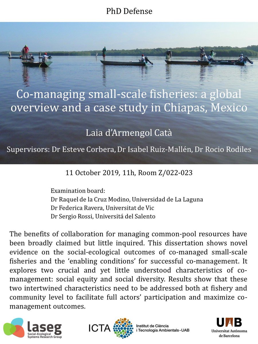 Defending my thesis in 2 weeks! Can't be happpier! It was a bit of a long journey but I am grateful for the whole professional and personal learning process @estevecorbera and Isabel Ruiz-Mallén #comanagement #smallscalefisheries #socialequity #socialdiversity