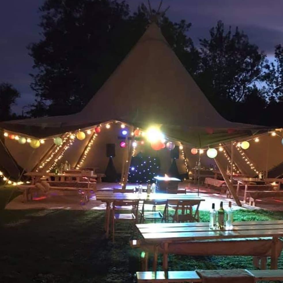 All of our tipis have optional flooring, furniture, furnishings, lighting and fire pit. 
They are the perfect addition to any event. This one was for an 18th birthday along with a bar, fire eater, street food and band ❤🎉🥂