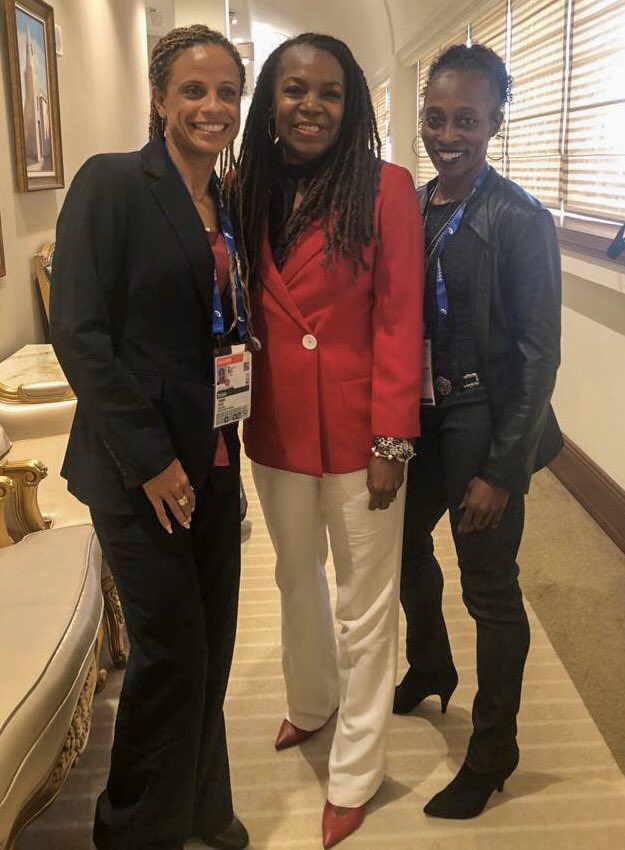 usatf's tweet photo. #TeamUSATF hurdle legends @joannadhayes, Stephanie Hightower and @ImGailDevers have arrived in Doha! #WorldAthleticsChamps https://t.co/dzlJXbKQCi