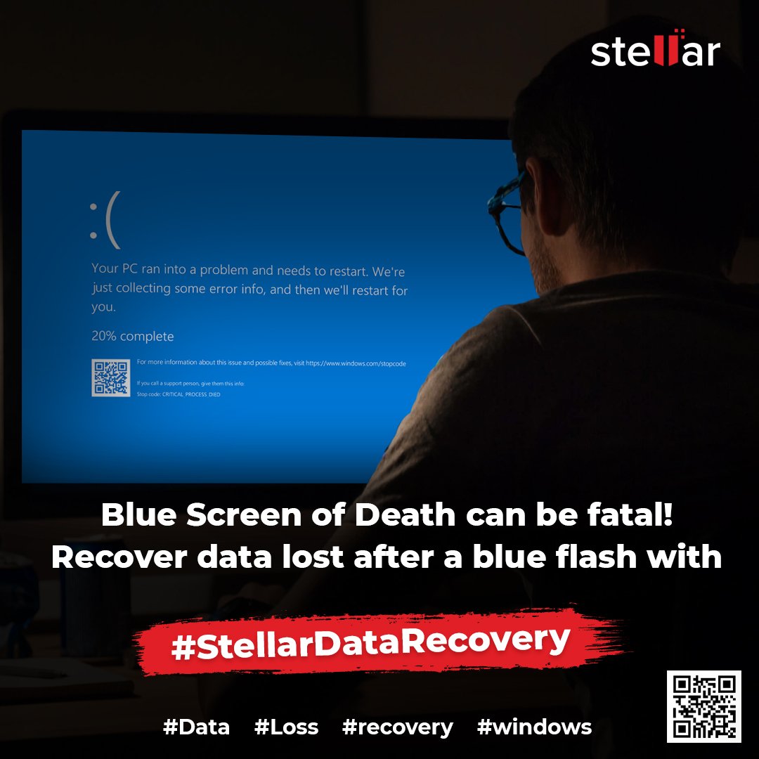 stellarinfo's tweet image. Blue screen of Death can be fatal! Recover data lost after a blue flash with #StellarDataRecovery. Scan the QR Code to download now! #AskStellar