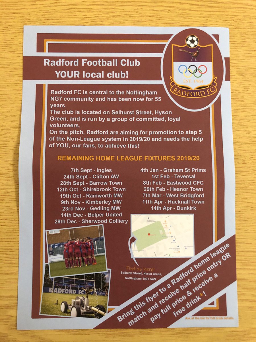 👀| Picked up one of our 2019/20 flyers yet? These continue to be distributed around #Radford, #ForestFields & #HysonGreen - being left in pubs, cafes, shops etc.

Pick up yours today and bring along to a home game of choice! #RaddyNeedsYou