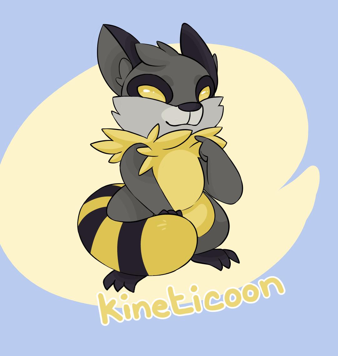 Kineticoon
  キネティッククーン - Kinetikkukūn

The trash panda Pokémon.
Electric / Dark type;

Kineticoon widely inhabits alleyways and busy streets, and are rarely seen during the day. They scavenge for power supply, particularly power lines, resulting in most blackouts.
