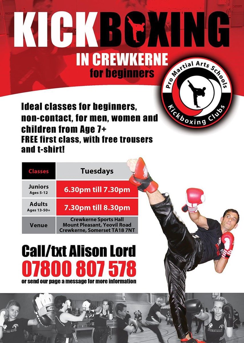Kickboxing classes in #Crewkerne for men, women and children age 7+ at Crewkerne Sports Centre.

Get in touch for your free introductory class!