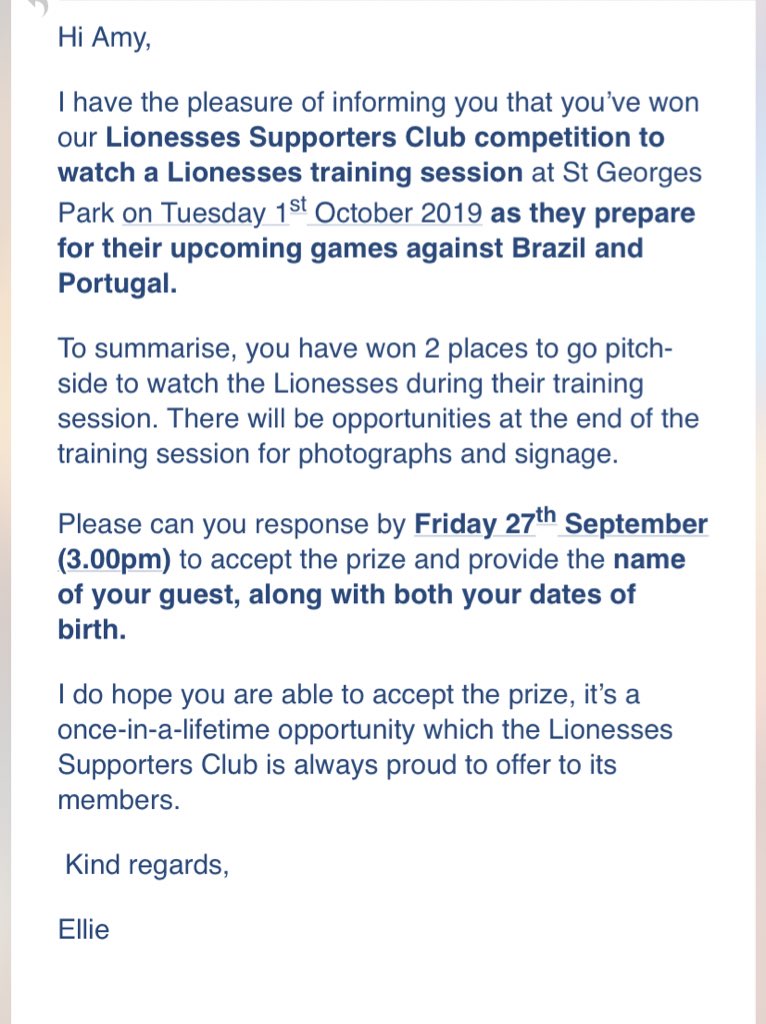 So I never ever win any competitions I enter but this is worth the wait not only I’m I going to see the <a href="/Lionesses/">Lionesses</a> in November on my birthday but I get to go see them train next week 🙃❣️💯xx