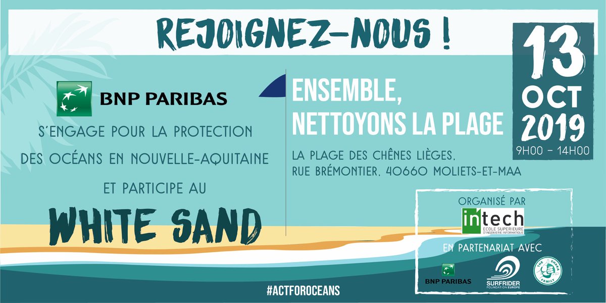 Jacquemart_F's tweet photo. Les équipes @BNP Paribas du Territoire Sud-Landes s’engagent pour la protection des océans aux côtés de l’école @intech_sud  qui organise un nettoyage des plages "White Sand Day", le 13 octobre prochain à Moliets-et-Mâa.
Rdv sur https://t.co/Ib5OtzDpRB pour vous inscrire ! https://t.co/I0YGLuXIYY