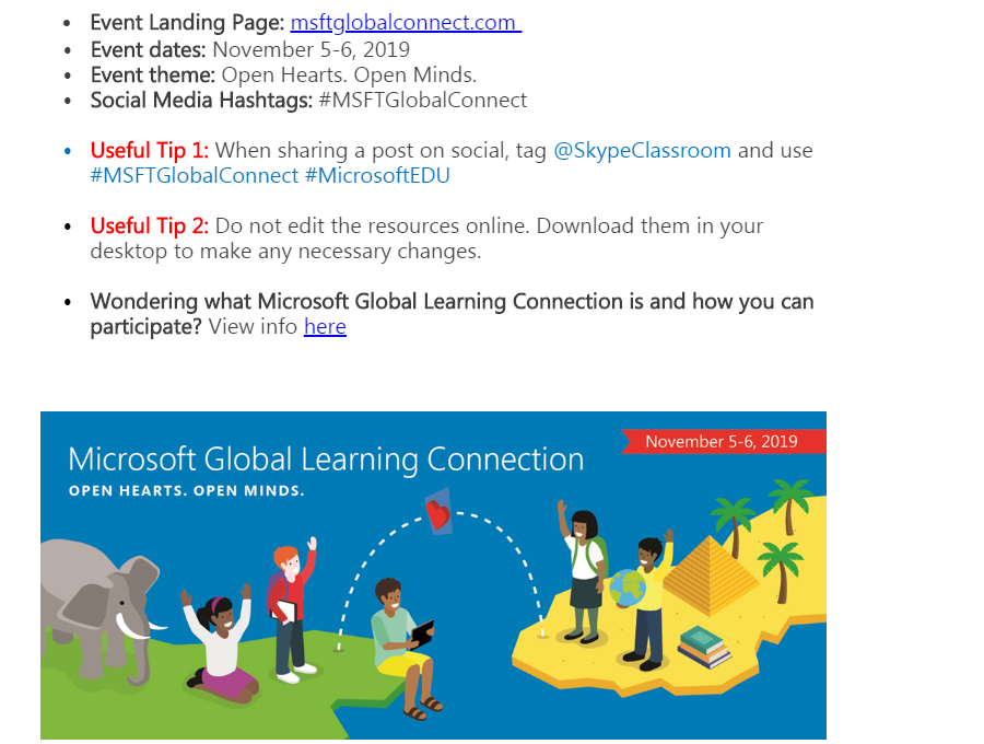 AnnaDyagileva1's tweet photo. #Skypeathon this year is now called #MSFTGlobalConnect. 
Event dates: November 5-6, 2019
I'm so excited about the news and can't wait to be a PART OF IT!🔥🔥⭐️💚🥳🌊🦄☺️🌈
 @MicrosoftEDU #MicrosoftEDU @SkypeClassroom #SkypeMT @Flipgrid @wakelet #englcubcom #MIEExpert #MIETrainer https://t.co/LLZSvMe85J