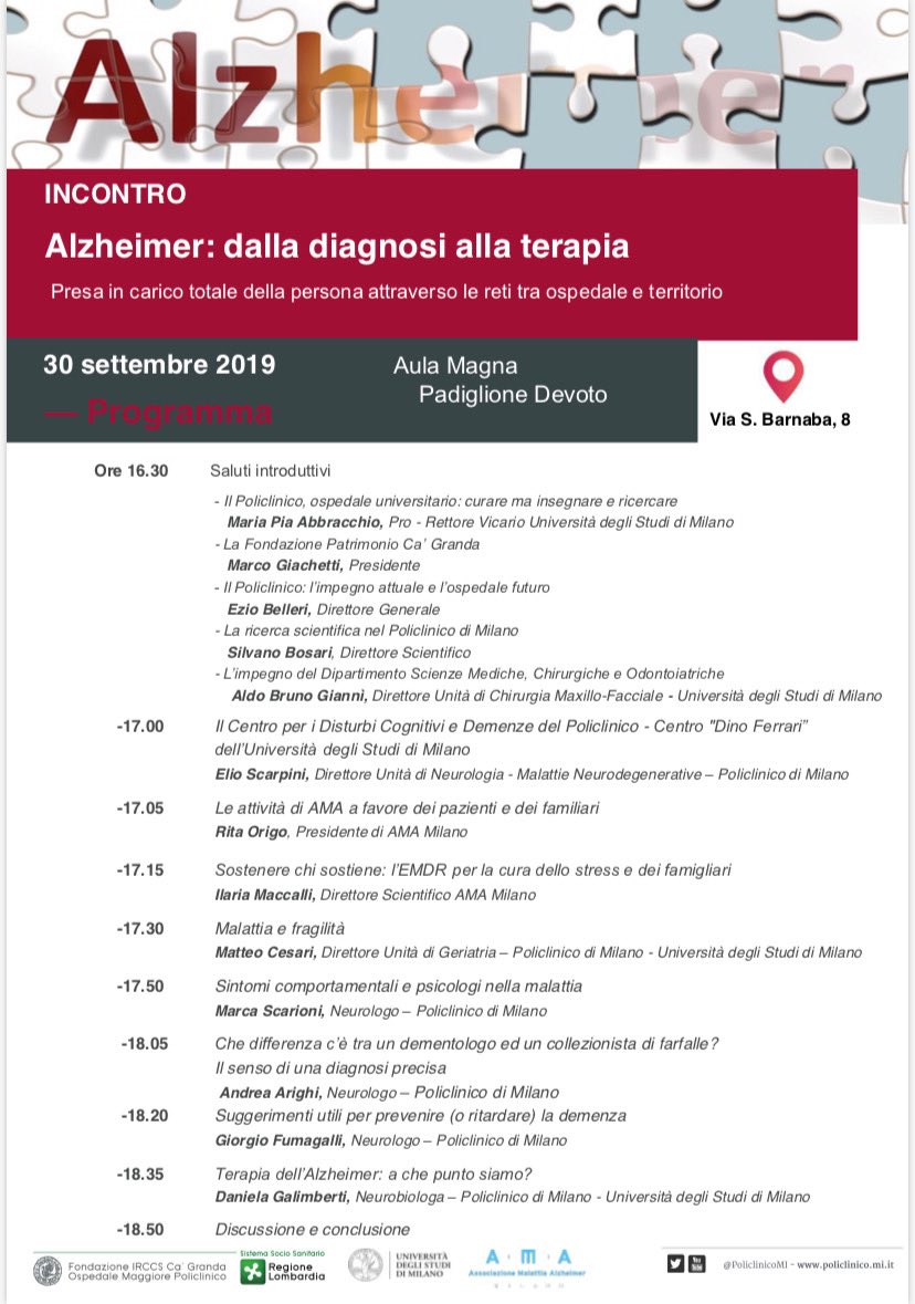 #Alzheimer : dalla diagnosi alla terapia

Presa in carico totale della persona con #demenza attraverso le #reti tra ospedale e territorio.

#Alzheimer #WorldAlzheimerMonth #WAM2019