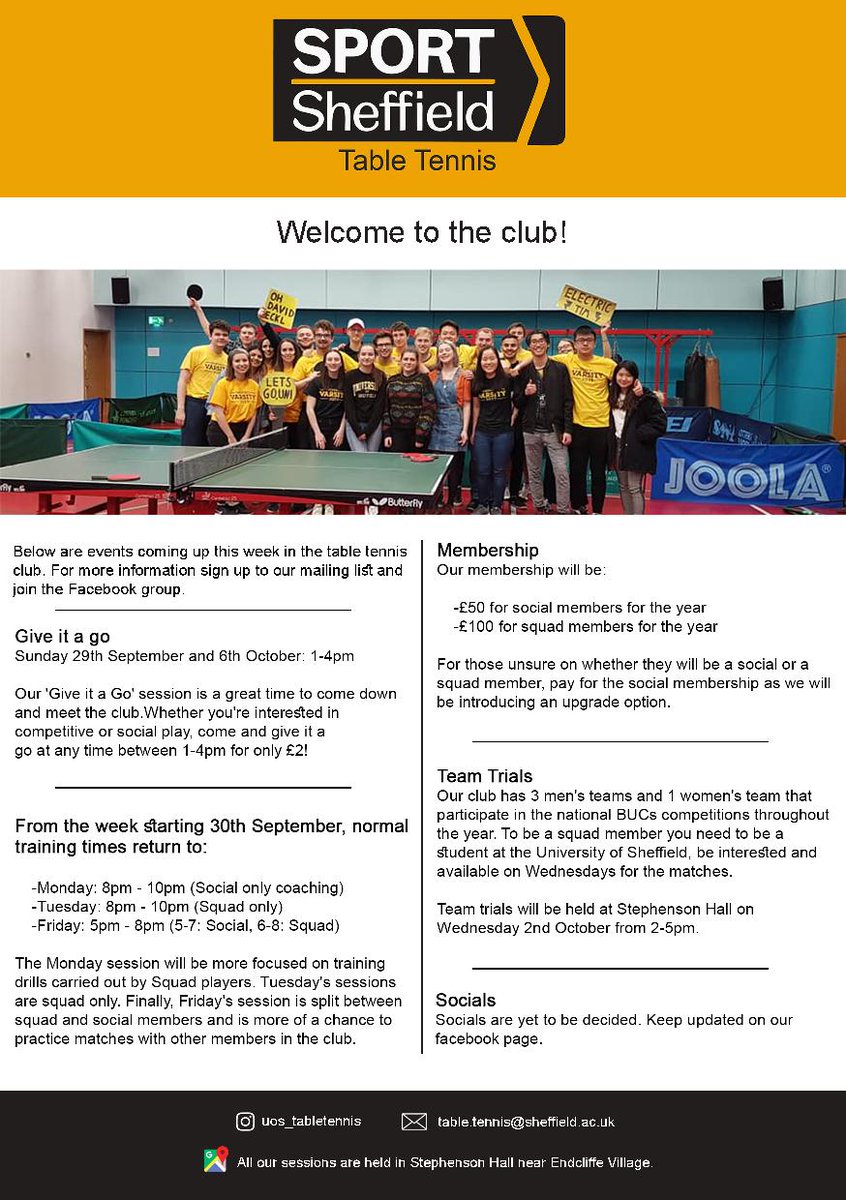 🏓  J O I N   U S !  🏓

We'll be at the <a href="/sheffielduni/">The University of Sheffield</a> Sports Fair in the Octagon tomorrow between 11am and 3:30pm. Make sure to come and say hello!

Can't make it? No worries, here's all you need to know about trials and training sessions. ⬇️