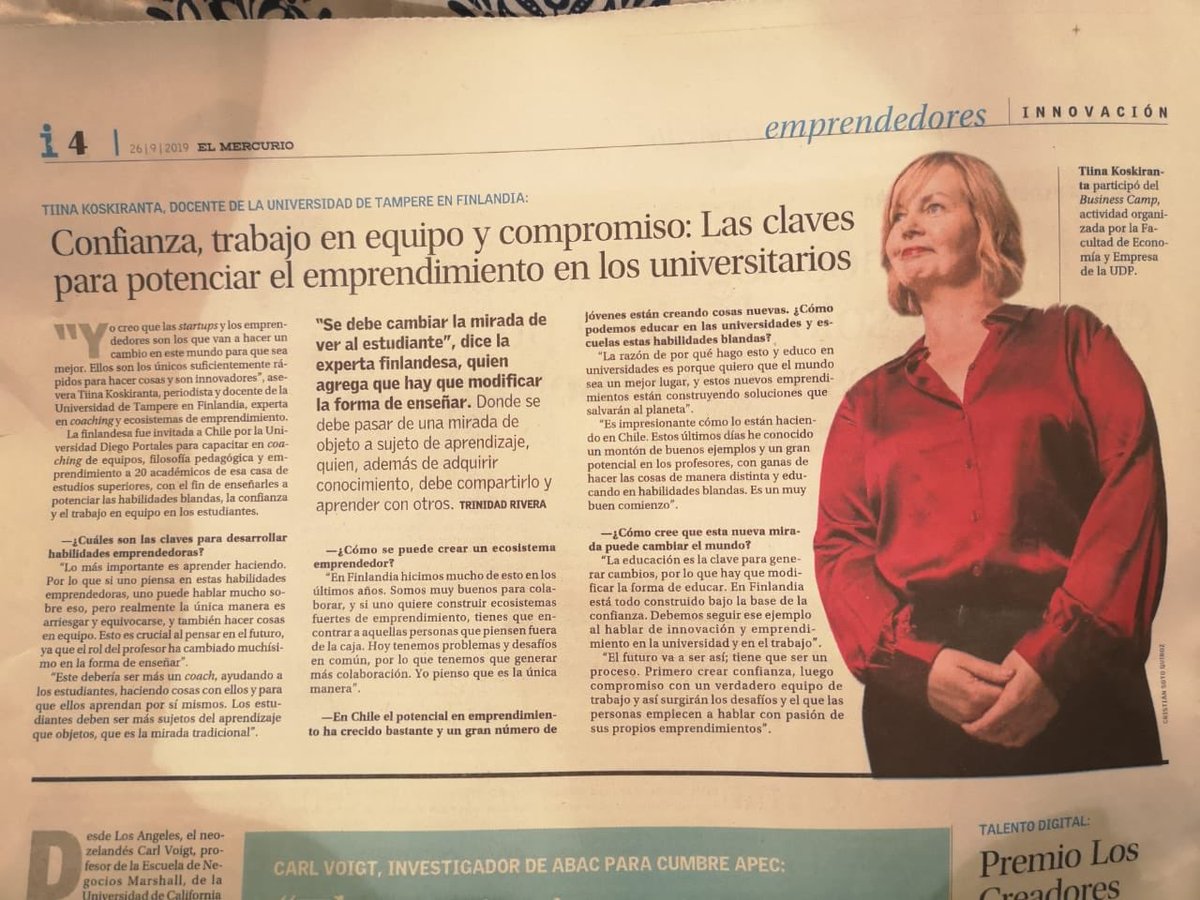 andres_zahler's tweet photo. Hoy en El Mercurio, entrevista a Tiina Koskiranta, de ⁦@TAMK_UAS⁩ sobre la enseñanza en emprendimiento. La ⁦@feeudp⁩ formó una alianza con esta U, y estamos desarrollando el programa más potente de emprendimiento en el mercado, a partir de 2020, con sus principios. https://t.co/0eHVVUo6NX