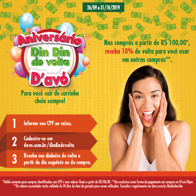 grupodavo's tweet photo. É ANIVERSÁRIO NO D'avó! 🎊🎂🎈🛒

Trouxemos uma super novidade para você: #DinDinDeVoltaDavó 🤑

Acesse https://t.co/Bkue6K8saD saiba mais e participe! https://t.co/O1xC3wUzVA