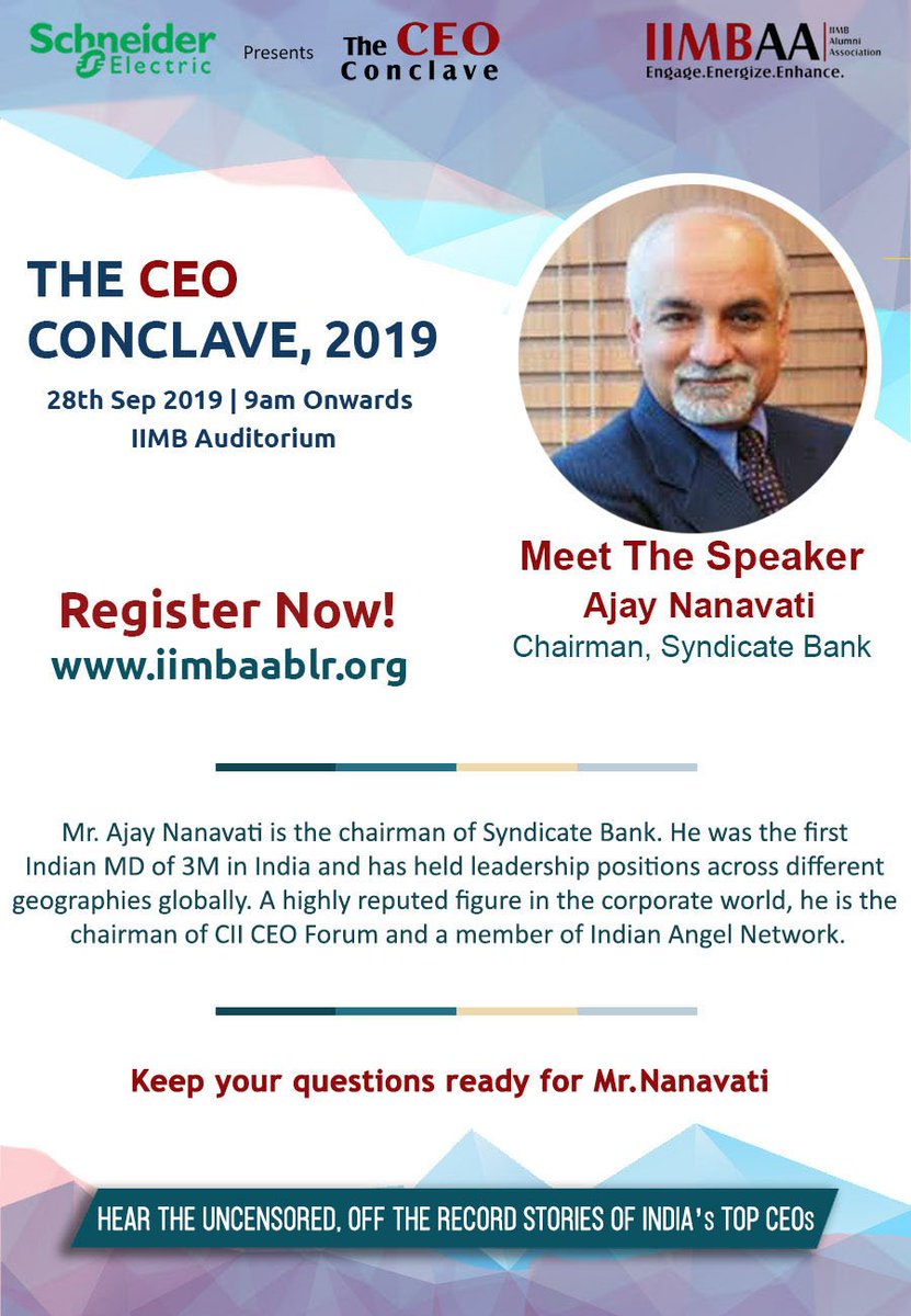 A prominent figure in the corporate world, he is on the advisory board of many startups and has held the senior position on multiple industry bodies.
Attend the session of Ajay Nanavati at the CEO Conclave on 28th Sept at IIMB Auditorium.
Register now at iimbaablr.org