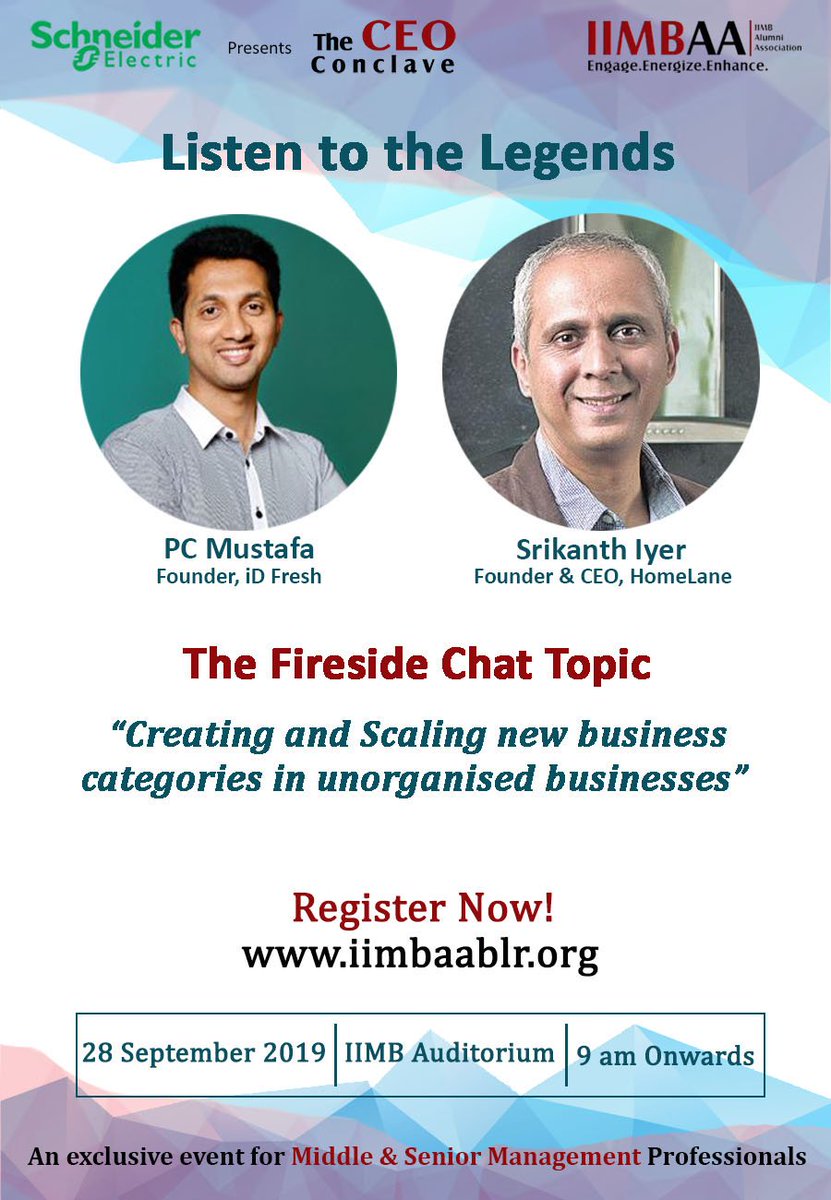 Attend the insightful session on how to create and scale new business in the unorganized economy from actual practitioners at the CEO Conclave on Sep 28 at IIMB Auditorium.
Register Now at iimbaablr.org
#IIMB #IIMBAA #IIMBAuditorium #TheCEOConclave
