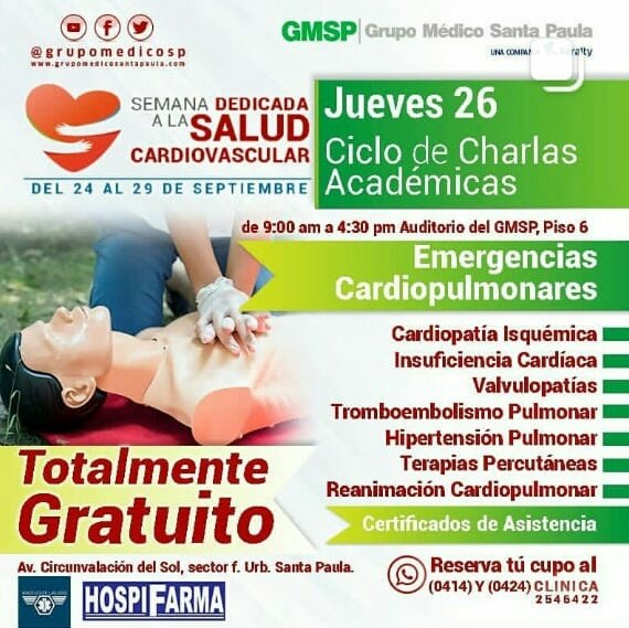 Recuerda que hoy a las 9am empieza nuestro ciclo de charlas académico: Emergencias Cardiopulmonares. (Incluye certificado) Puedes acercarte directamente a GMSP Piso 6. #Caracas #Gratuito #Evento