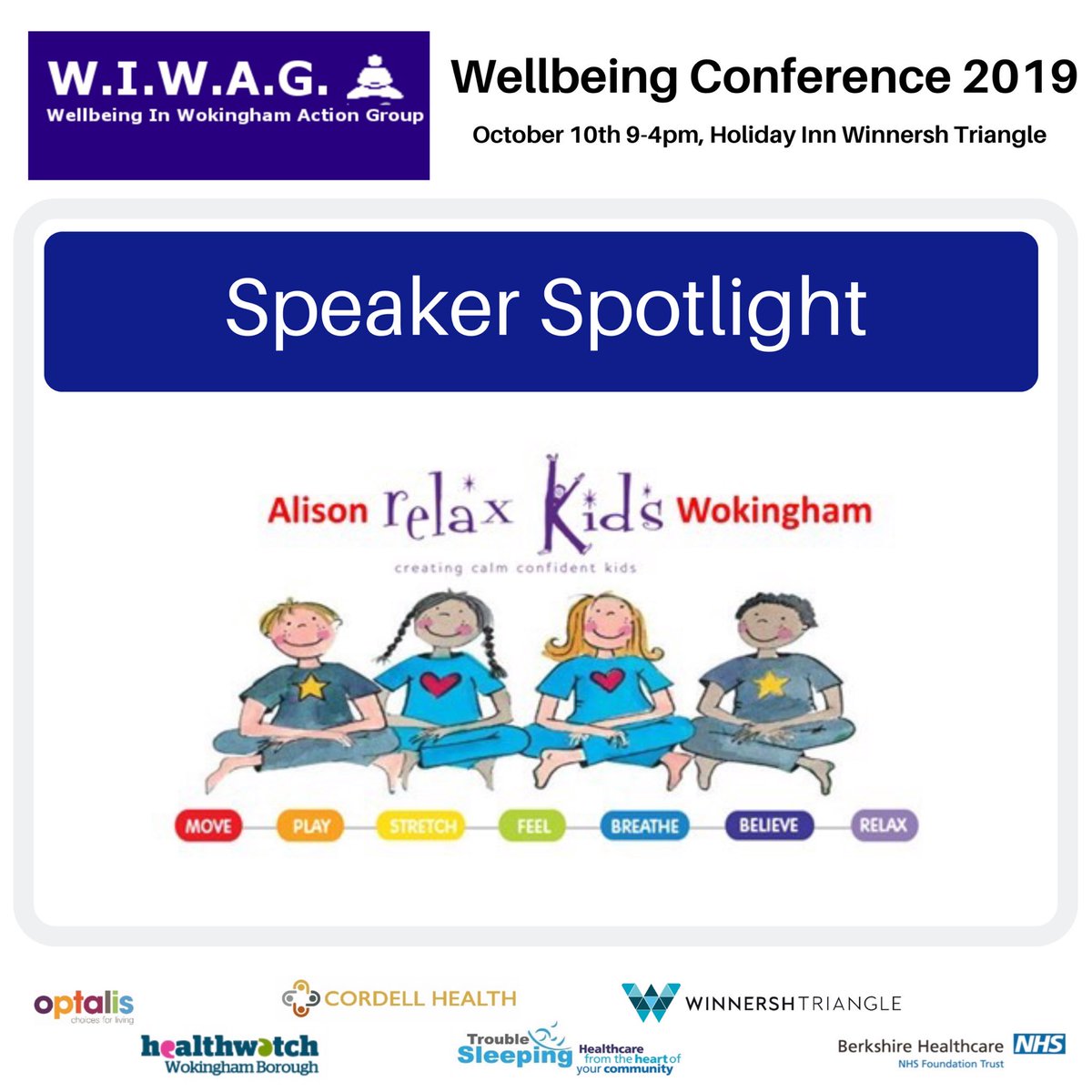 #speakerspotlight  - <a href="/AlisonWokingham/">The Happiness Hub -where all Feelings are welcome</a> will be running a workshop on ‘supporting children’s emotional health &amp; wellbeing’. Alison supports children to shine and be their best self by learning tools to be calm, manage stress and anxiety, and raise self esteem.