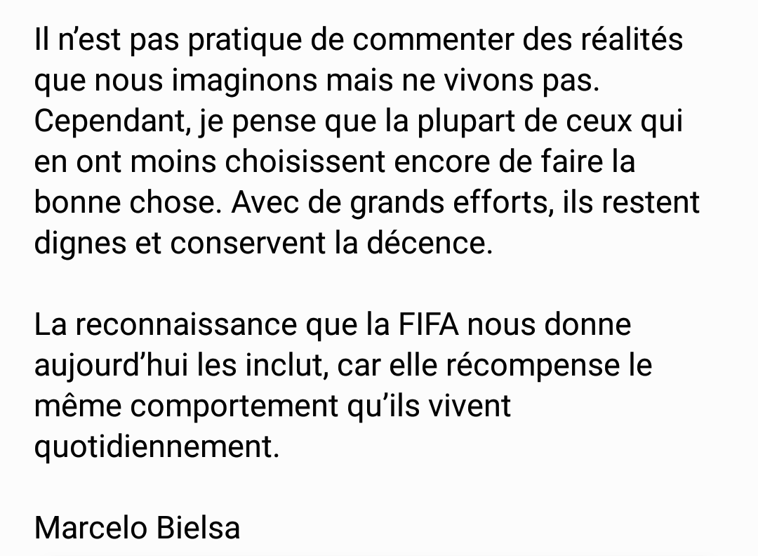 BielsaFrance's tweet photo. ⭐ COMMUNIQUE DE MARCELO BIELSA ⭐

Traduction complète de la déclaration du coach argentin lors de la remise du FIFA Fair Play Award 2019

#LUFC #MOT https://t.co/EHsxJ0mEDC