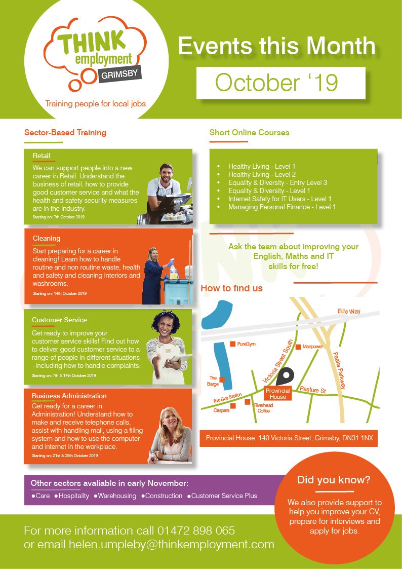 Would you like to upskill and improve your qualifications? 

We have all these FREE courses coming up in October!

Interested? Message us or call 01472 898065 to sign up.  

#VirtualJobFair #Grimsby