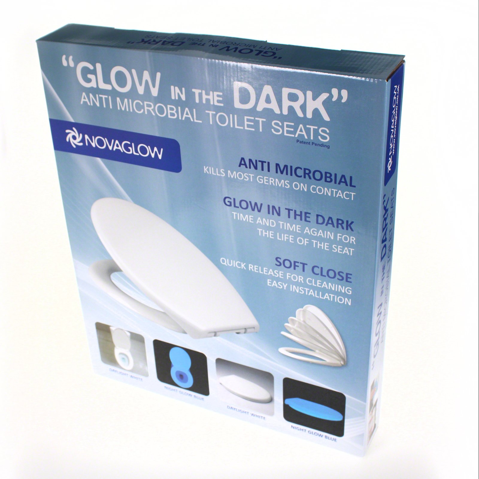 BLUE GLOW in the dark toilet seat incorp. antimicrobial coating, heavy  polymer