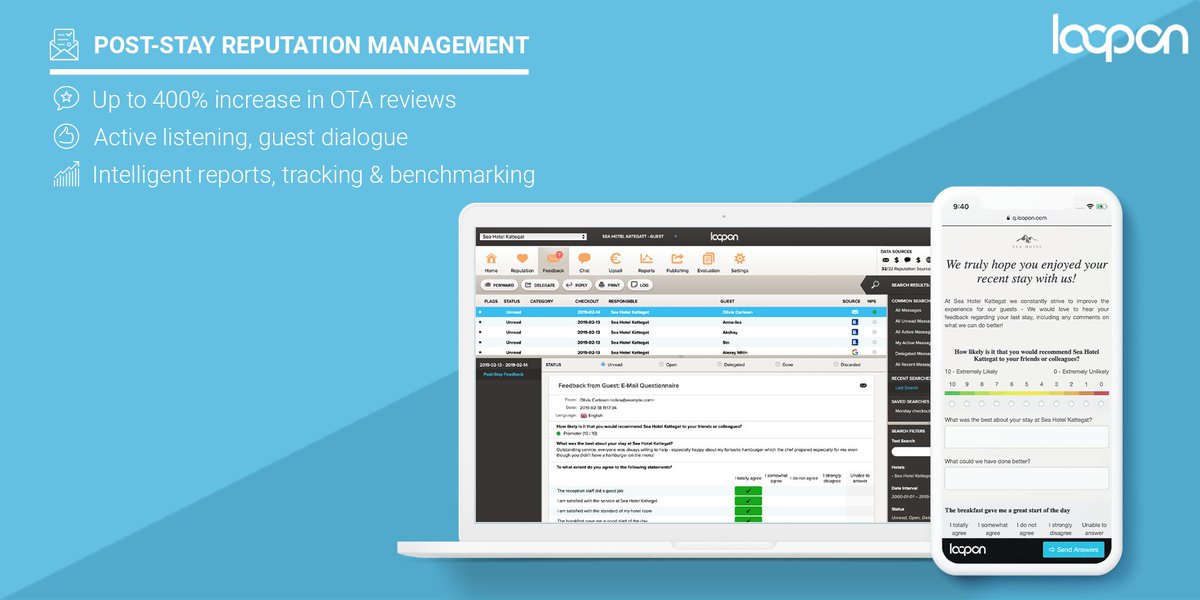 loopon's tweet photo. Managing your Online Reputation is an integral part of any service-minded business.
With Loopon Post-Stay you can keep track of and respond to all incoming feedback, analyse detailed reports and enhance overall guest satisfaction.

#Feedback

Learn more: 👉https://t.co/m8z50eYhuG https://t.co/YzRC7IKZFJ
