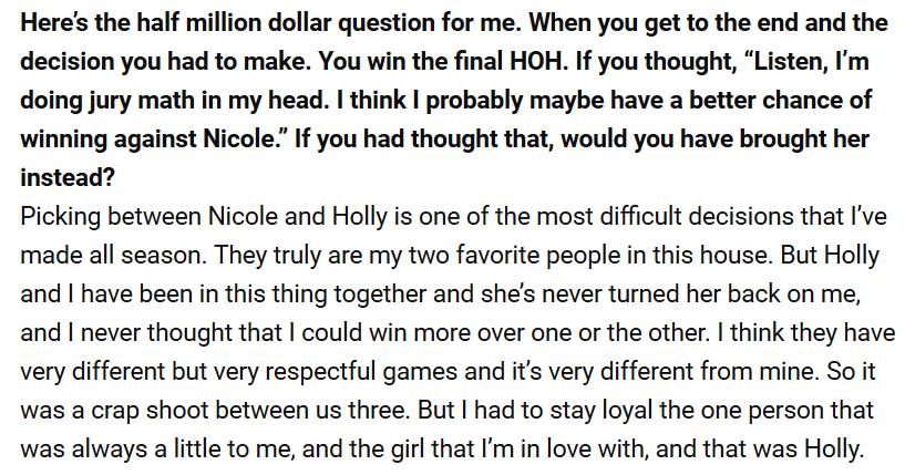 BB21Rewind's tweet photo. But I had to stay loyal the one person that was always a little to me, and the girl that Iโm in love with, and that was Holly - Jackson
#BB21 #BBFinaleNight #BBFinale #BigBrother21
#BBJackson #BBMichie #BBholly #JacksonAndHolly
#BBMichieAndHolls https://t.co/20maNazn74