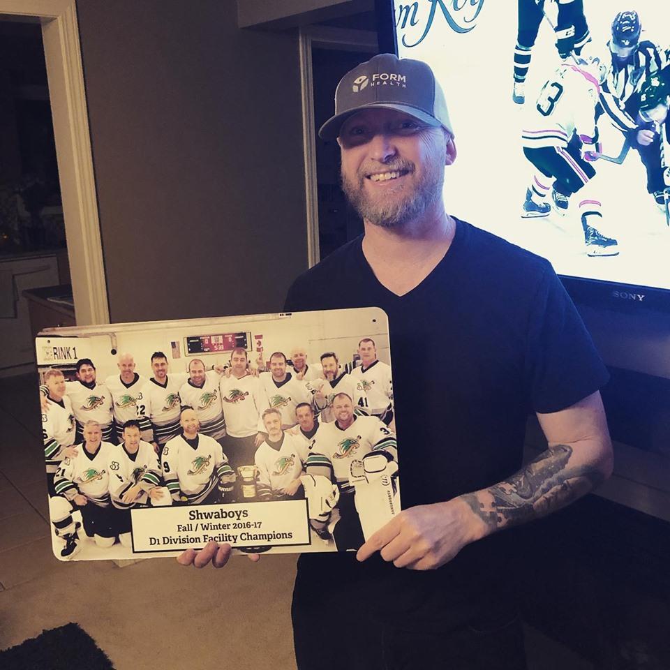 shwaboy99's tweet photo. Bittersweet ending to my 20+ years of #Shwaboy hockey career. Thank-you gents for the retirement gift. It’s now time to fine tune the younger generation on the importance of back-checking when you can’t score anymore. #skatehard #shoothard #passthepuck https://t.co/wwLQQMR9XH