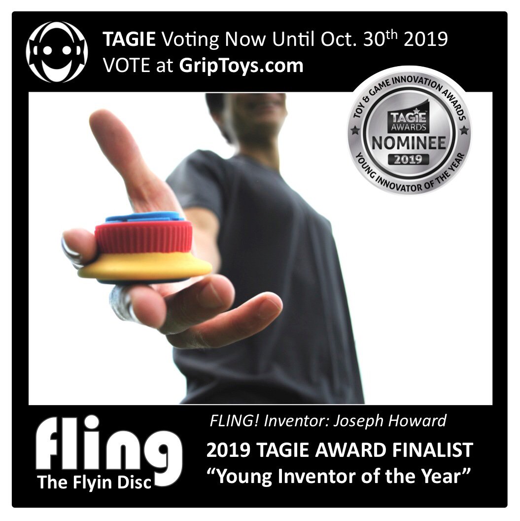 phitworx's tweet photo. #GripToys FLING! The Flyin Disc creator #JosephHoward is a Finalist for โYoung Inventor of the Yearโ at the 2019 TAGIE Awards.
#ChiTag
#TAGIEs
#FlyinDisc
#ActiveKids
#YoungInventor
#Playtime https://t.co/yx4acJZMnI
