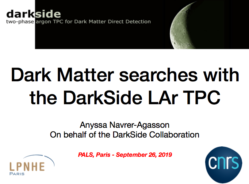 BradleyKavanagh's tweet photo. This afternoon at #PALS2019, Anyssa Navrer-Agasson is discussing direct searches for #DarkMatter with argon, especially DarkSide-50 and DarkSide-20k: https://t.co/KpBHAcYan4
On DarkSide-50's results: "No WIMPs of course". https://t.co/e31103HEXU