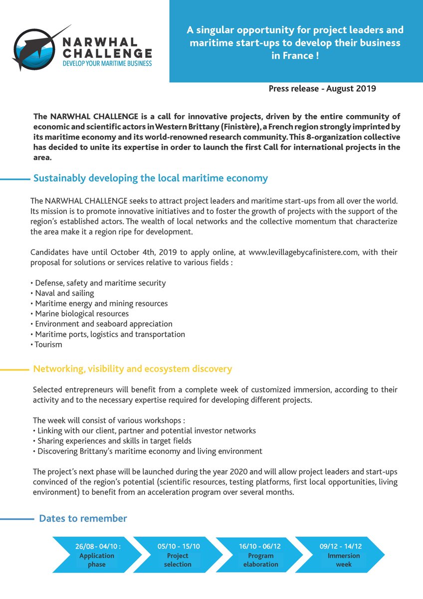 protoatlanticEU's tweet image. ProtoAtlantic partner @Brest_Iroise has opened a call for applications for The NARWHAL CHALLENGE 🌊

Applications close 4th October 2019 ⌛️

Read more here 👉 protoatlantic.eu/blog-item/prot… 

#protoatlantic #interreg #bluegrowth #marineinnovation #atlanticarea