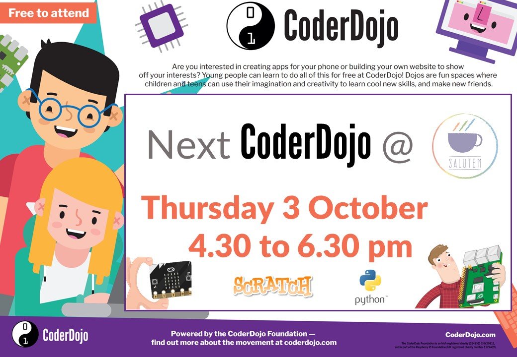 NdenCoderDojo's tweet image. The next @CoderDojo at @Salutemcoffee is on Thursday 3 Oct 4:30pm. It's free and for anyone aged 7-17 to find out more about coding and how to create games, music and more with code. Book tix here -> bit.ly/30lkgAi