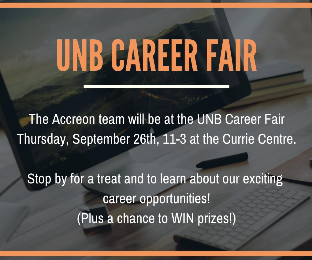 accreon's tweet image. We're at the @UNB Career Fair today!  Come see us from 11-3 at the Currie Centre. #Opportunities #comeworkwithus