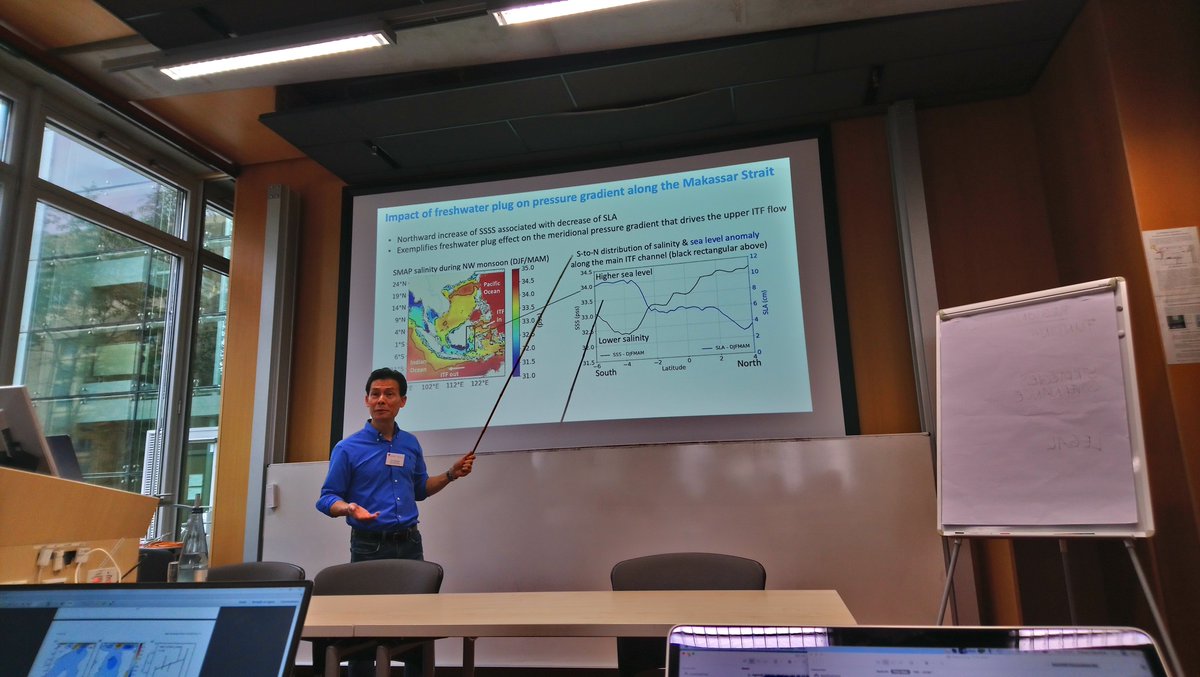 PaoloCipollini's tweet photo. At #oceansalinity Science Seminar, fabulous talk by @NASAJPL Tony Lee on how precipitation over Indonesia affects a chokepoint of global ocean circulation. Time to look at @ESA_EO @esaclimate CCI sea surface salinity data from @SMOS_satellite #NASASMAP #Aquarius observations https://t.co/5Lh45gccUu