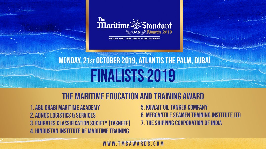 TMSMaritimeNews's tweet photo. The Finalists for TMS Maritime Education & Training Award 2019 are #AbuDhabiMaritimeAcademy, #ADNOC Logistics & Services @AdnocGroup #EmiratesClassificationSociety (Tasneef), @himt_marine, @KOTC_official @MercmarineSL & @shippingcorp
This award is sponsored by #TominiShipping https://t.co/gFE6gXJSQv