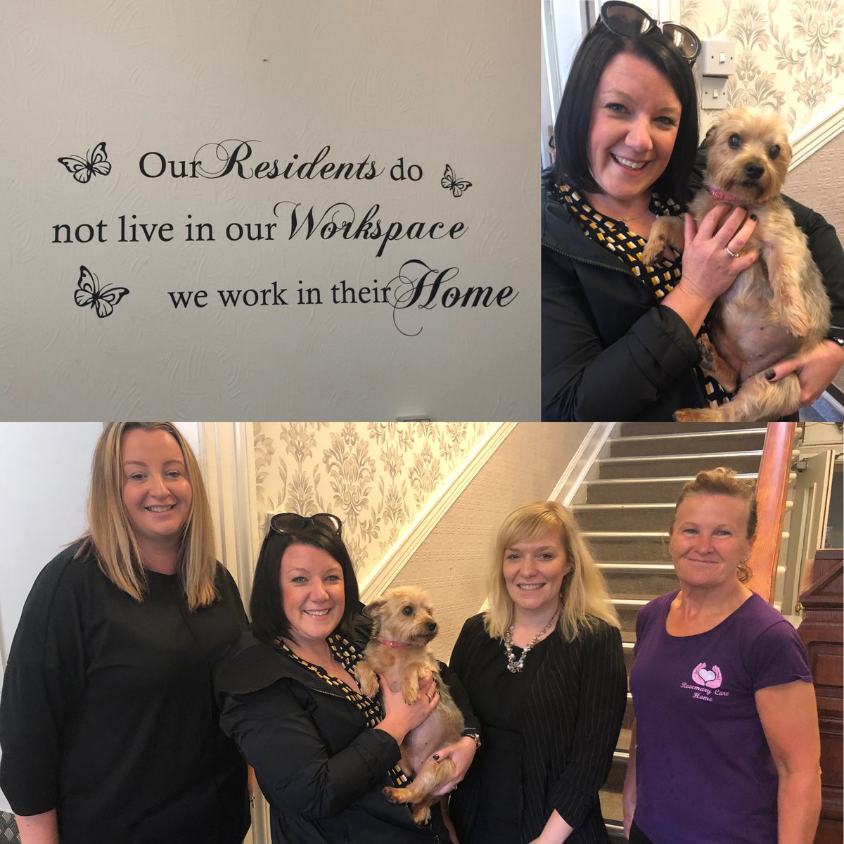 JennHartwick's tweet photo. A special thank you to Fran and her team who hosted us - incredible evidence of cross functional teams, the benefits of pets in care homes and their motto on the wall ⁦@CareRosemary⁩ ⁦@ERCC_Conestoga⁩ @michellejheyer⁩ ⁦@drrichardp⁩ https://t.co/NOq9nTPFT9