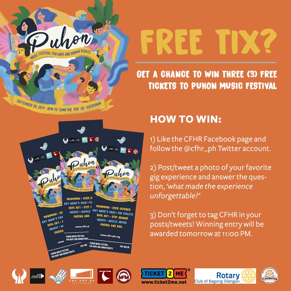 cfhr_ph's tweet photo. Want to bring more friends to Puhon Music Festival for free? Join our Facebook and Twitter party and get a chance to win THREE FREE TICKETS! 

See you all on Saturday!! https://t.co/D65iNzIvEX