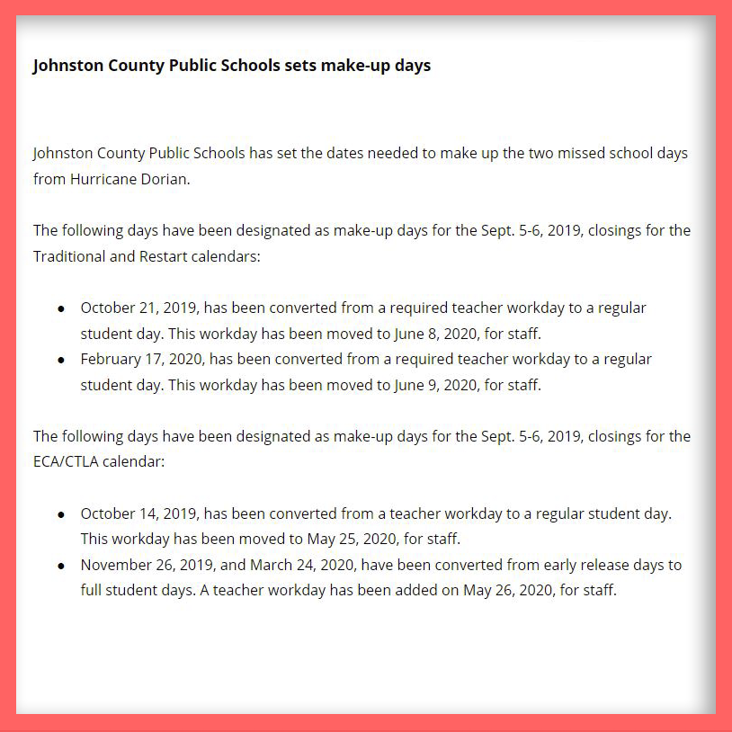 JCPS SETS MAKE-UP DAYS FROM HURRICANE DORIAN

Johnston County Public Schools has set the dates needed to make up the two missed school days from Hurricane Dorian.
Full details are available here: johnston.k12.nc.us/site/default.a…