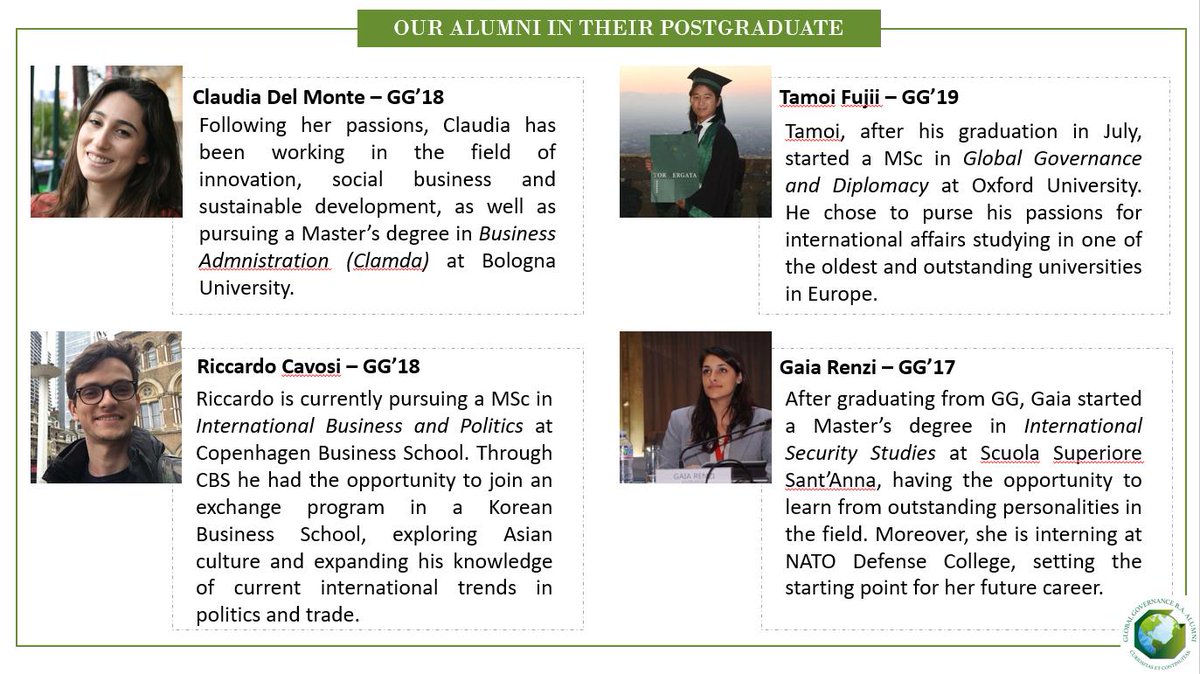 AlumniGG's tweet photo. Our Alumni in their Postgraduate #1 We would like to congratulate with #alumni, sharing with you their #achievements. Studying in very #prestigious #universities, bringing forward their #values  following their #passions but still being part of the #globalgovernance #family. https://t.co/48EUqgxeee