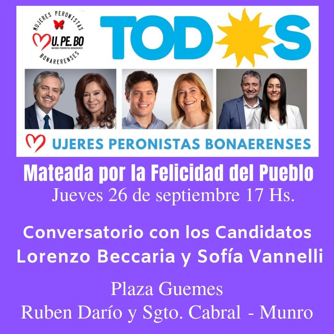 reddemujeresvl's tweet photo. #L☀️S Esperamos A Todo☀️ S
#HOY jueves #26deSeptiembre a las 17hrs.: Mateada en plaza Guemes, Munro. Conversaremos con Lxs Candidatxs del @FrenteDeTodosVL #AlbertoPresidente #CristinaVice #AxelGobernador #VeronicaViceGobernadora #LorenzoIntendente
#EsConTo☀️ S #FrenteDeTodos https://t.co/sMW7DhlYQg