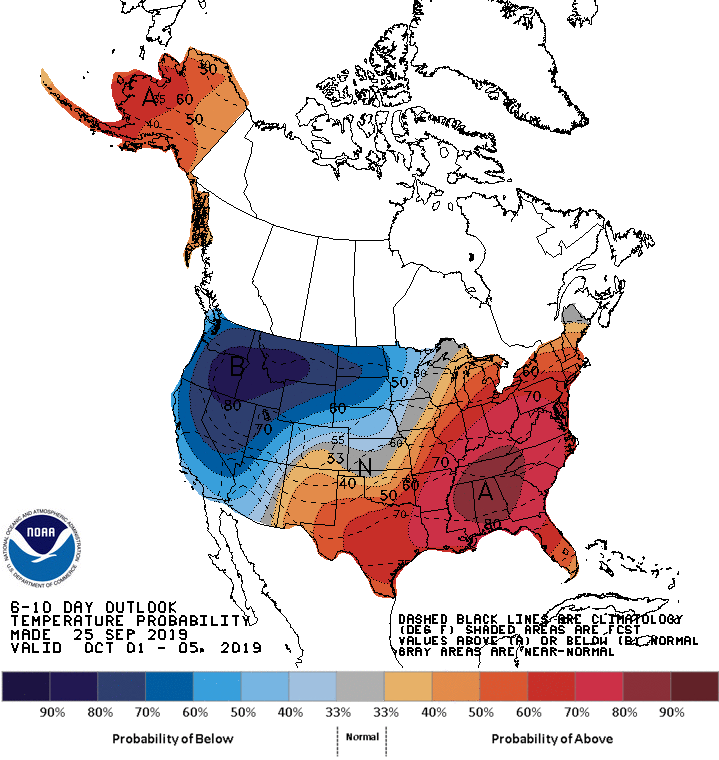 NOAA's tweet photo. #DroughtMonitor 9/26: Ahead, @NWSCPC sees unseasonably hot temps for eastern U.S., sharply cooler in West, w/ better chance of precipitation in swath from AZ to eastern Plains.

--> Follow #Drought2019 at https://t.co/YBE9JQoznR #drought https://t.co/KSPerxVj6R
