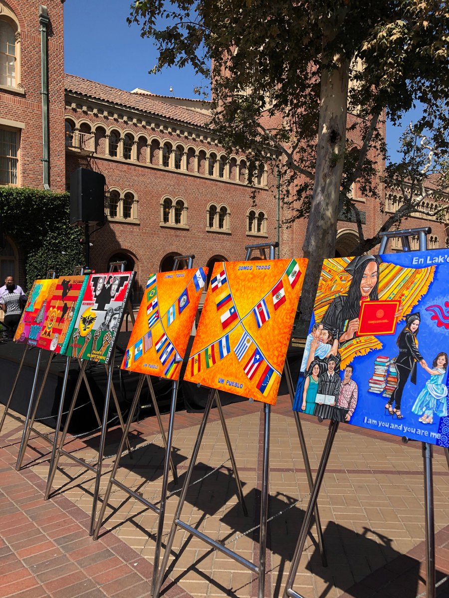 uscprovost's tweet photo. In honor of Lantinx Heritage Month, @USC commissioned seven original art pieces created between professional artists and our students. Keep an eye out for the public banners for annual display on Trousdale Parkway. #artmatters #usc #fighton @uscroski  @USCLaCASA @fishermuseum https://t.co/LuA4OoJew0