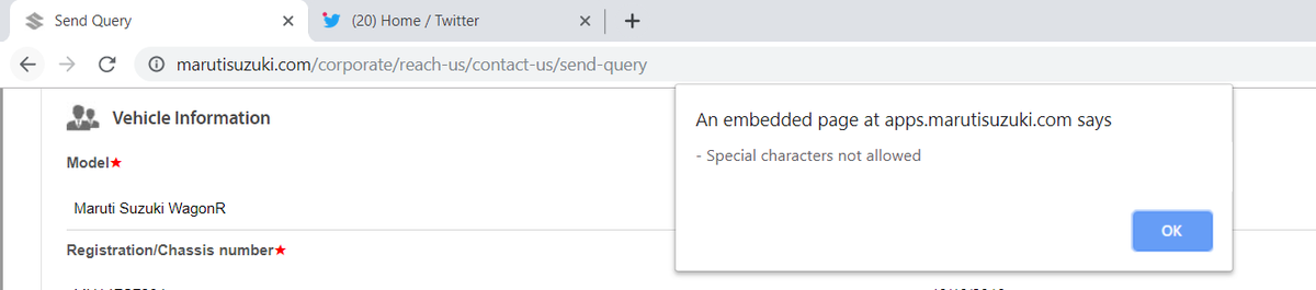 yckadam's tweet photo. @Maruti_Corp I am trying to submit my query on https://t.co/TfHfqHO9yk but it always show an error like attached one. Note: My message contains only alpha-numeric characters along with comma and dot. https://t.co/tl8m8mvi7f