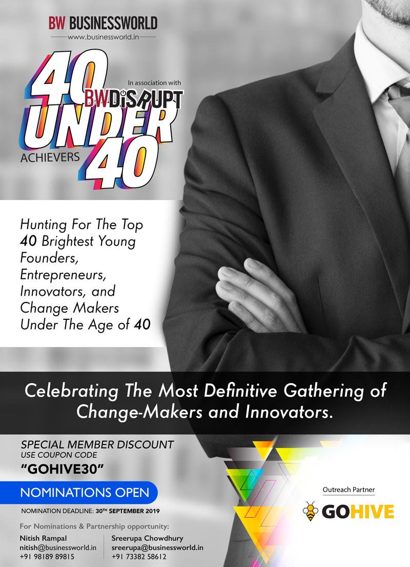 #EventAlert
40 Under 40 by @BWBusinessworld
#NominationsOpen for Founders & Entrepreneurs under the age of 40.

Nominate yourself using special discount coupon code - GOHIVE30
Link- bit.ly/40under40-GH30

Outreach Partner @gohiveindia

#40Under40 #Event #Founders #Entrepreneurs