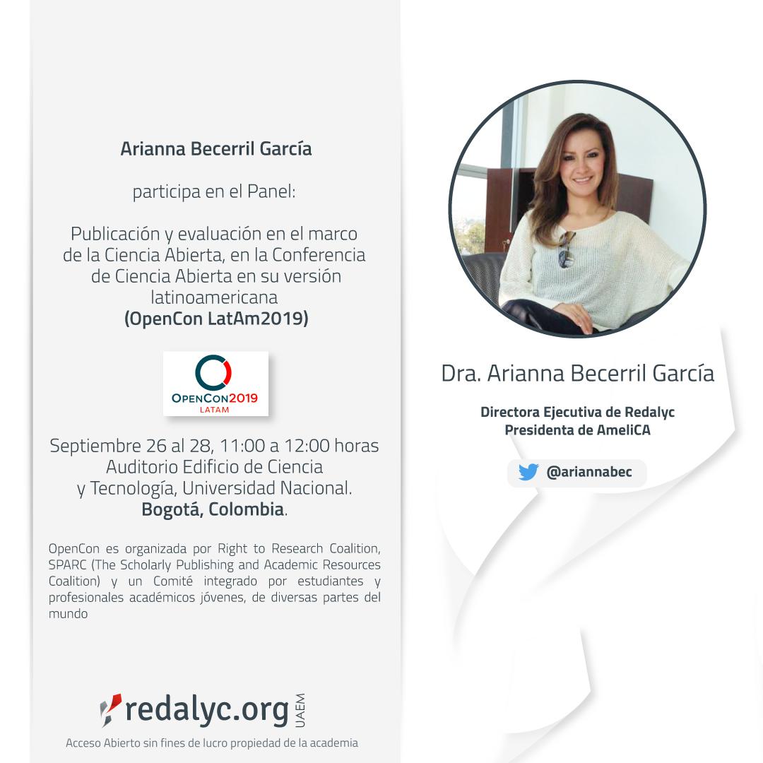 Redalyc's tweet image. #AgendaRedalyc 

Arianna Becerril García, Directora Ejecutiva de Redalyc, participa en la #OpenCon2019. #Colombia. 🇨🇴

Becerril participa en el Panel &quot;Publicación y evaluación en el marco de la Ciencia Abierta&quot;. En punto de las 11:00 horas. 

Streaming: rita.udistrital.edu.co/iptv/#/home