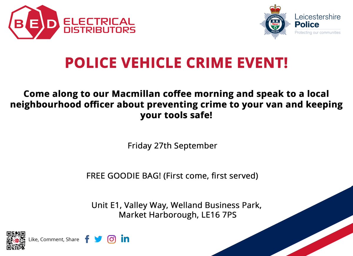 Our branches and head office will be holding a coffee morning to raise money for Macmillan cancer support! Harborough branch will have their local neighborhood officer at the branch to talk about preventing crime to your van and protecting your tools! We hope to see you there!