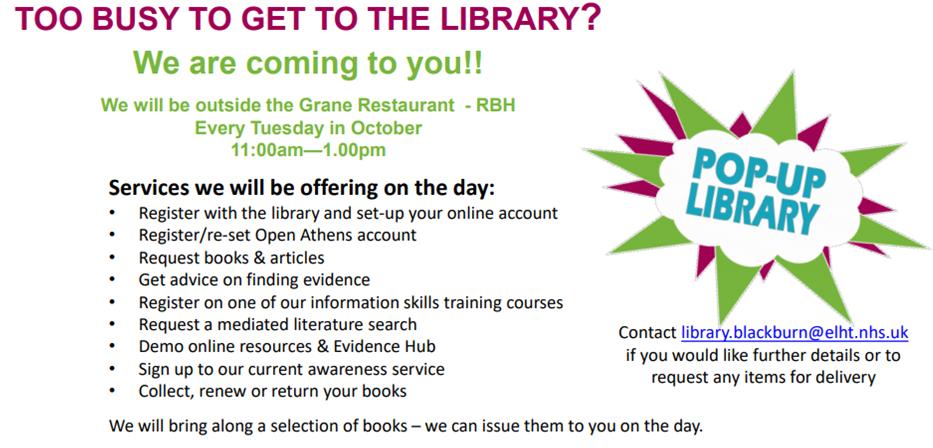 elhtlibrary's tweet image. Our first October pop-up library is today outside the canteen @ #RBTH - come along and see how we can help you 
#Books #OnlineJournals #LiteratureSearching #Evidence #StudySupport #HealthandWellbeing #Fiction #HealthcareProfessionals
@bazzie1967 @ELHTEdDev @LibraryPatrick