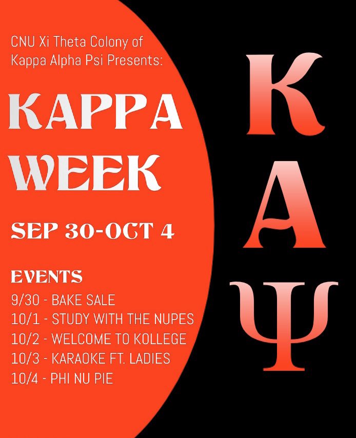 cnu_nupes's tweet photo. September 30-October 4 week is Kappa Week. We will be hosting an event every day. Be on the lookout for flyers and more information. ♦️ https://t.co/OHTEV4TQKj