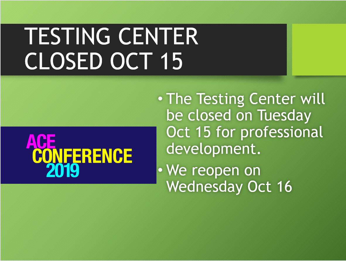AlexTestCtr's tweet image. The Alexandria Testing Center will be closed Tuesday Oct. 15, 2019 for a professional development conference. We apologize for any inconvenience. Please come see us again on Wednesday Oct. 16.