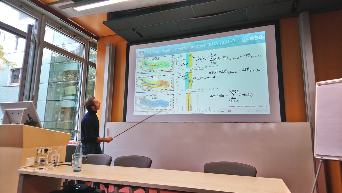 PaoloCipollini's tweet photo. Storms leave a wake ocean as they move over ocean. #oceansalinity often shows freshening due to rain deluge. But v strong #hurricanes may cause the opposite, stirring up saltier water from deep. @ReulN showed this nicely @ salinity Seminar today with @esaclimate CCI salinity data https://t.co/hIL9VXT1wY